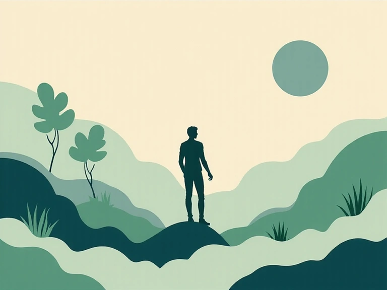 Image abstraite et moderne représentant la santé, l'équilibre et la nature avec des tons verts, bleus et beiges.