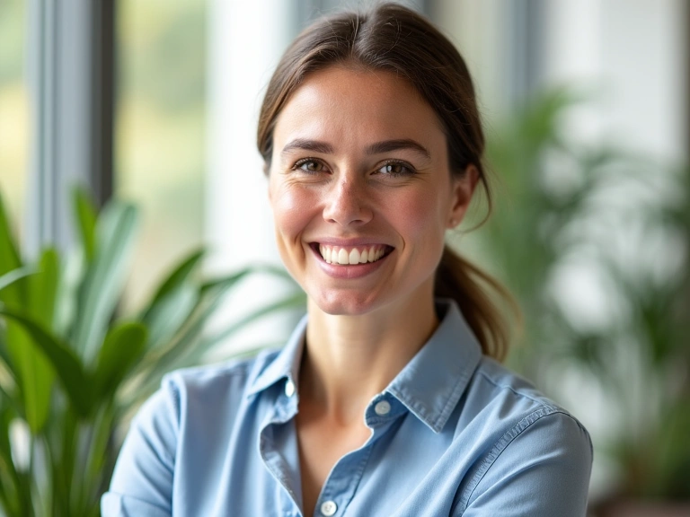 Portrait professionnel d'une femme nutritionniste souriante dans un cadre lumineux et naturel.